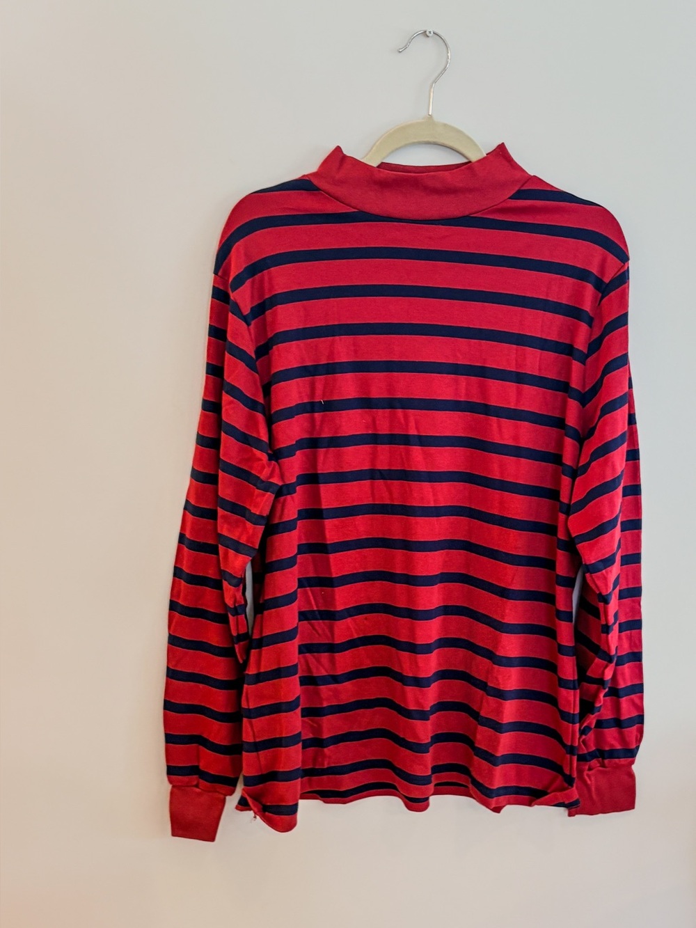 Vintage Lands End Red Navy Striped Mock Neck Top XL Made USA Cotton Long Sleeve